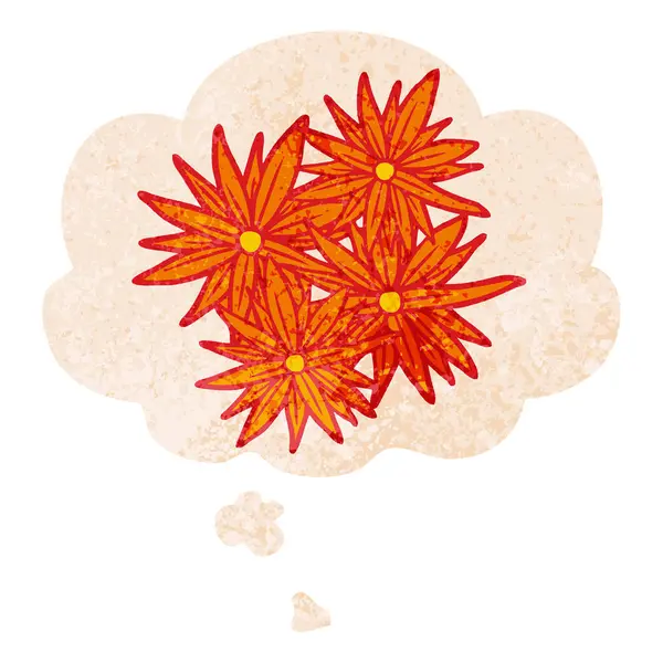 Desenhos animados flores brilhantes e bolha de pensamento em styl texturizado retro — Vetor de Stock
