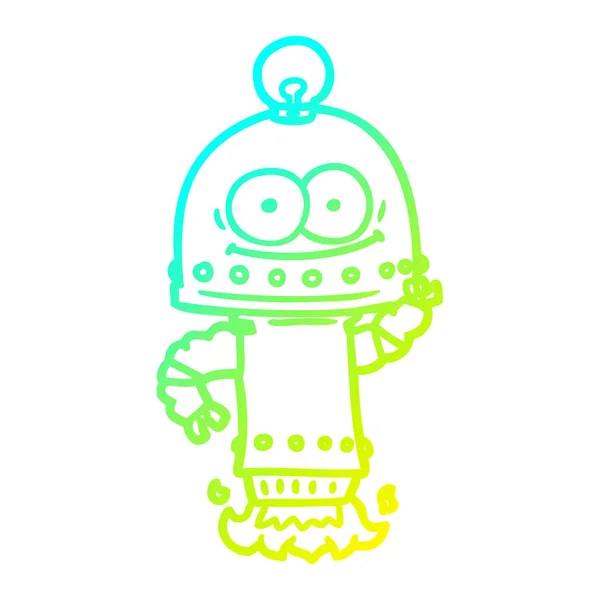 Linea a gradiente freddo disegno robot di cartone felice con lampadina — Vettoriale Stock