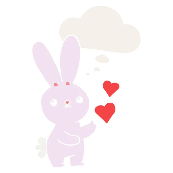 Mignon lapin dessin animé avec des cœurs d'amour et bulle de pensée dans rétro — Image vectorielle