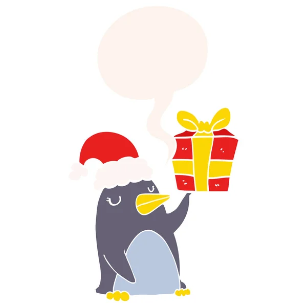Dessin animé pingouin et cadeau de Noël et bulle de la parole dans rétro — Image vectorielle