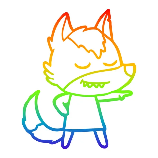 Rainbow gradient ligne dessin sympathique dessin animé loup fille pointin — Image vectorielle