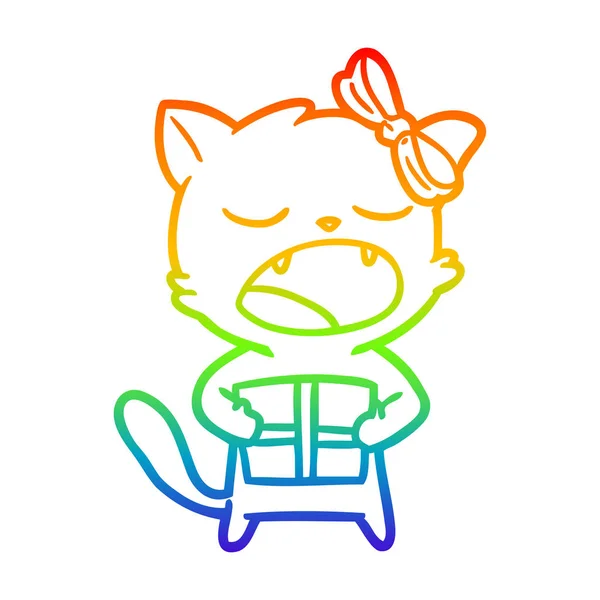 Rainbow gradient line drawing cartoon cat with christmas present — Stock Vector