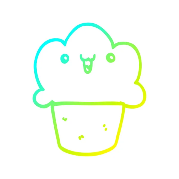Línea de gradiente frío dibujo cupcake de dibujos animados con la cara — Vector de stock