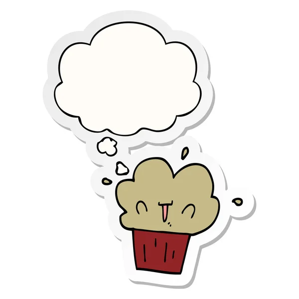 Cartoon cupcake en dacht Bubble als een gedrukte sticker — Stockvector