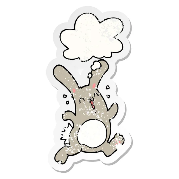 Cartoon konijn en gedachte Bubble als een verdrietig versleten sticker — Stockvector