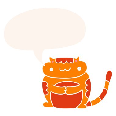 retro tarzında sevimli karikatür kedi ve konuşma balonu