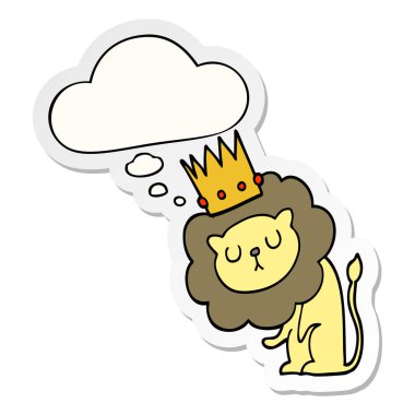 basılı bir etiket olarak taç ve düşünce balonu ile karikatür aslan