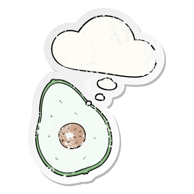 karikatür avokado ve sıkıntılı yıpranmış etiket olarak kabarcık düşünce