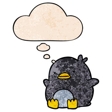 sevimli karikatür penguen ve grunge doku patter düşünce balonu