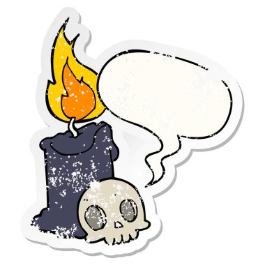 karikatür kafatası ve mum ve konuşma balonu sıkıntılı etiket