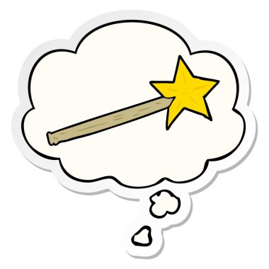 karikatür sihirli değnek ve baskılı bir etiket olarak kabarcık düşünce