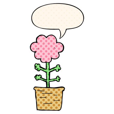 çizgi roman tarzında sevimli karikatür çiçek ve konuşma balonu