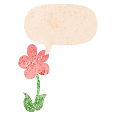 retro dokulu tarzda karikatür çiçek ve konuşma balonu