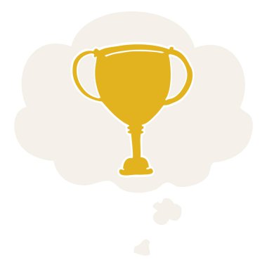 karikatür spor kupa ve retro tarzında düşünce balonu