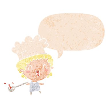 retro dokulu tarzda karikatür şef ve konuşma balonu