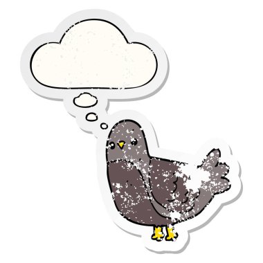 sıkıntılı bir yıpranmış etiket olarak karikatür kuş ve düşünce balonu