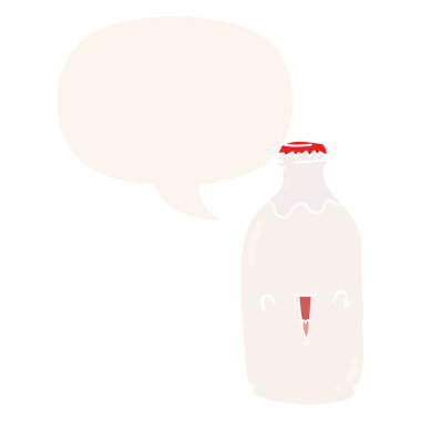 retro tarzı sevimli karikatür süt şişesi ve konuşma balonu