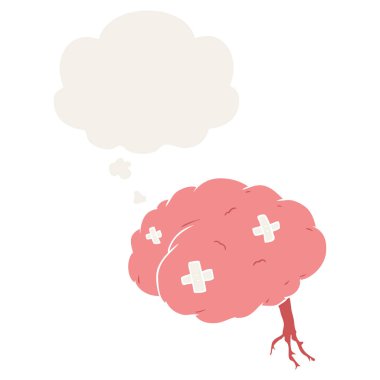 karikatür retro tarzında beyin ve düşünce balonu yaralı