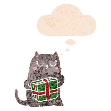 retro dokulu tarzında karikatür noel kedi ve düşünce balonu