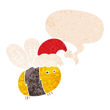 şirin karikatür arı retr noel şapka ve konuşma balonu giyen