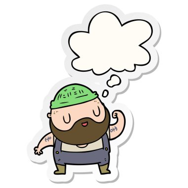 karikatür dock işçi ve basılı bir etiket olarak kabarcık düşünce