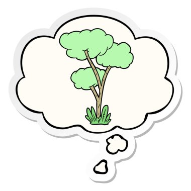 karikatür ağacı ve baskılı bir etiket olarak kabarcık düşünce