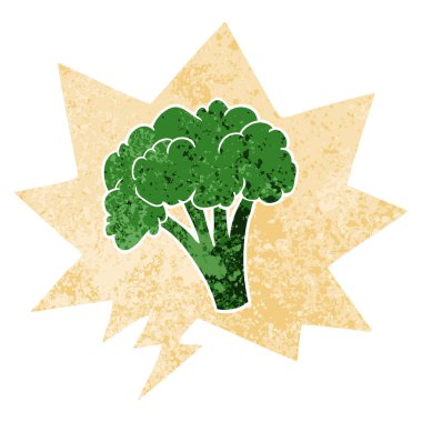 retro dokulu tarzda karikatür brokoli ve konuşma balonu