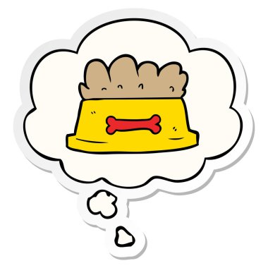 köpek maması karikatür kase ve baskılı bir etiket olarak kabarcık düşünce