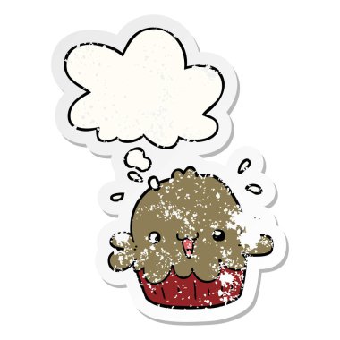 sevimli karikatür pasta ve sıkıntılı yıpranmış etiket olarak kabarcık düşünce