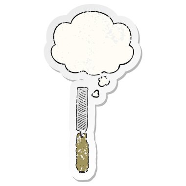 karikatür metal dosya ve sıkıntılı bir yıpranmış sopa olarak kabarcık düşünce