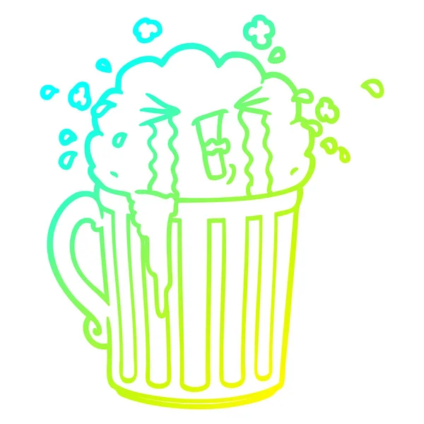 Linha gradiente frio desenho caneca desenhos animados de cerveja chorando — Vetor de Stock