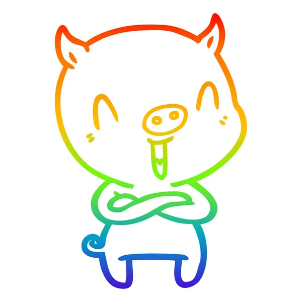 Rainbow gradient linje ritning lycklig tecknad gris — Stock vektor