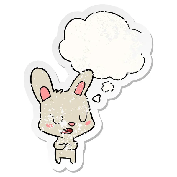 Cartoon rabbit talking and thought bubble as a distressed worn s — Stock Vector