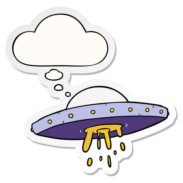 Cartoon flying UFO and thought bubble as a printed sticker — Stock Vector