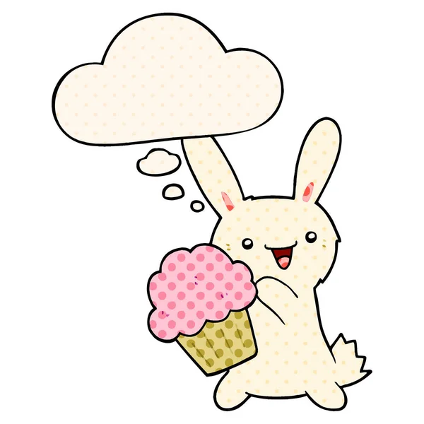 Lapin dessin animé mignon avec muffin et bulle de pensée dans la bande dessinée — Image vectorielle