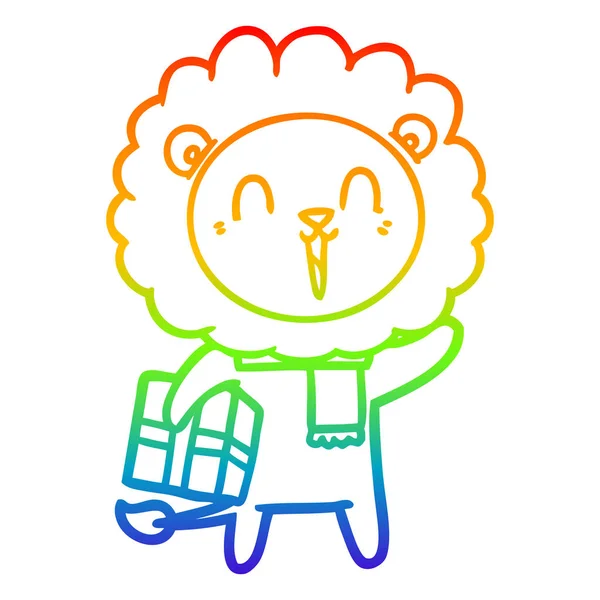 Rainbow gradient line ritning skrattande lejon tecknad med jul — Stock vektor