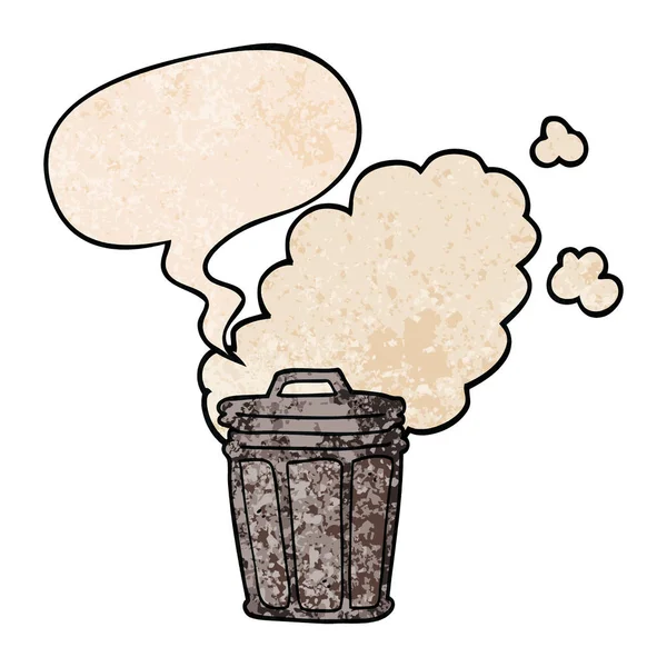 Cartoon stinkend vuilnis kan en toespraak bubble in retro textuur St — Stockvector