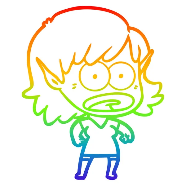 Arcobaleno gradiente linea disegno cartone animato scioccato elfo ragazza — Vettoriale Stock