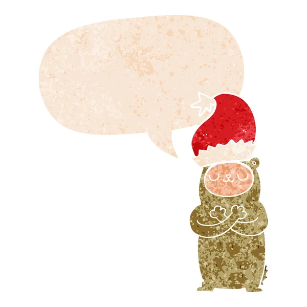 Cartoon bear wearing christmas hat and speech bubble in retro te — Stock Vector