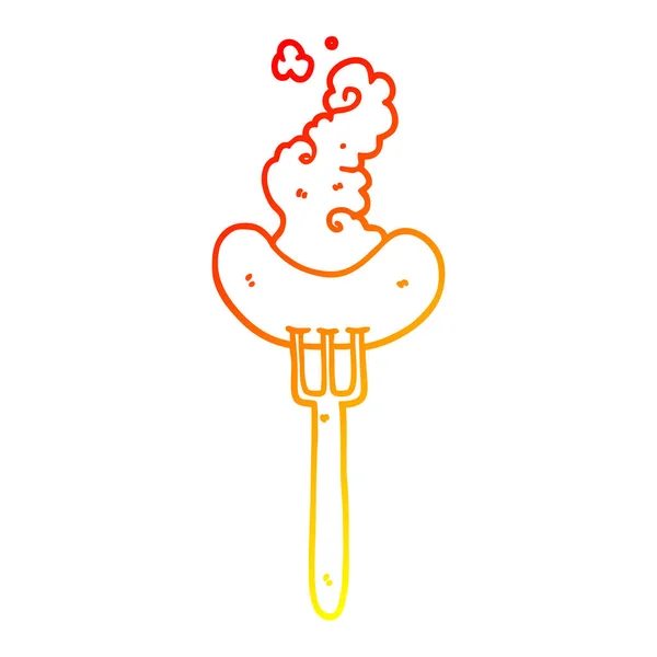 Warme kleurovergang lijntekening cartoon worst op vork — Stockvector