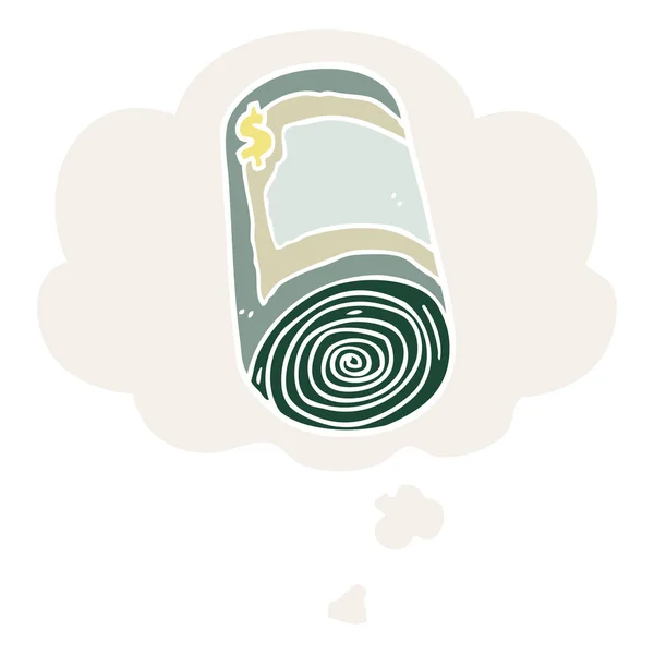 Rolo de desenhos animados de dinheiro e bolha de pensamento em estilo retro — Vetor de Stock