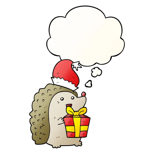 Cartoon hedgehog wearing christmas hat and thought bubble in smo — Stock Vector