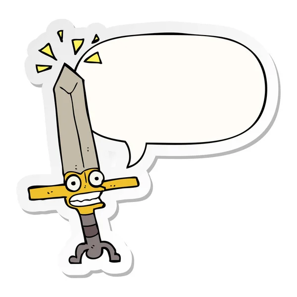 Karikatür sihirli kılıç ve konuşma kabarcık etiket — Stok Vektör