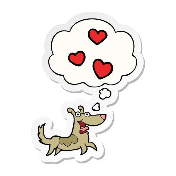 Perro de dibujos animados con corazones de amor y burbuja de pensamiento como un sti impreso — Archivo Imágenes Vectoriales