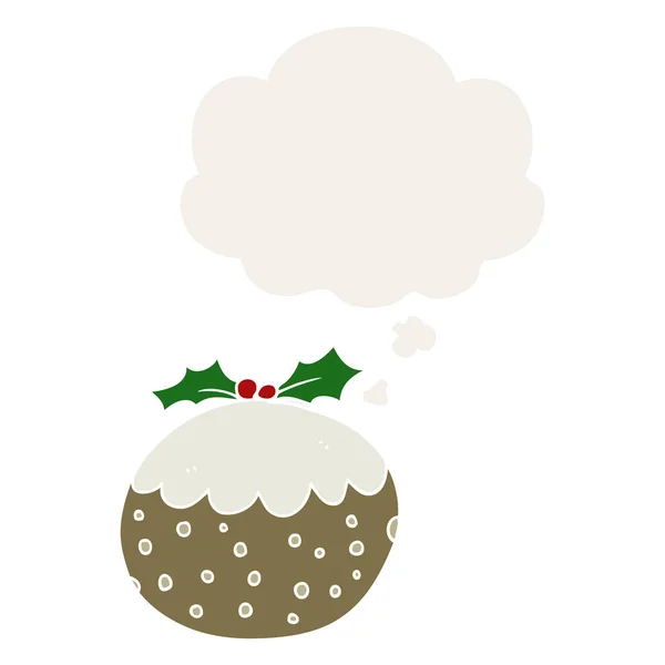 Pudding de Noël dessin animé et bulle de pensée dans un style rétro — Image vectorielle
