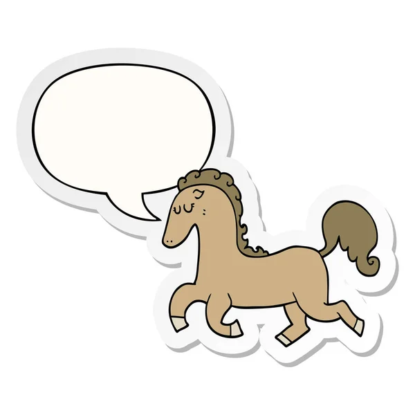 Cartoon paard lopen en toespraak bubble sticker — Stockvector
