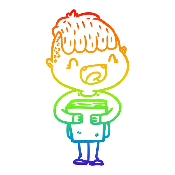 Rainbow gradient line drawing cartoon happy boy with new books — Stock Vector