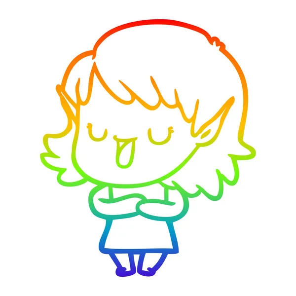 Arco iris gradiente línea dibujo dibujos animados elfo chica — Vector de stock