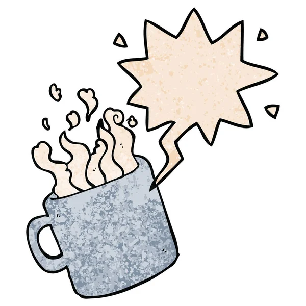 Мультфильм горячая чашка кофе и речи пузырь в ретро текстуры хлев — стоковый вектор