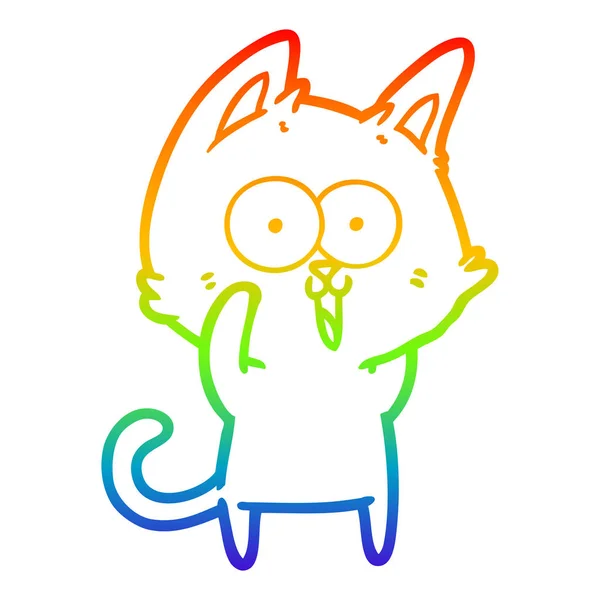 Rainbow gradient line drawing funny cartoon cat — Stock Vector